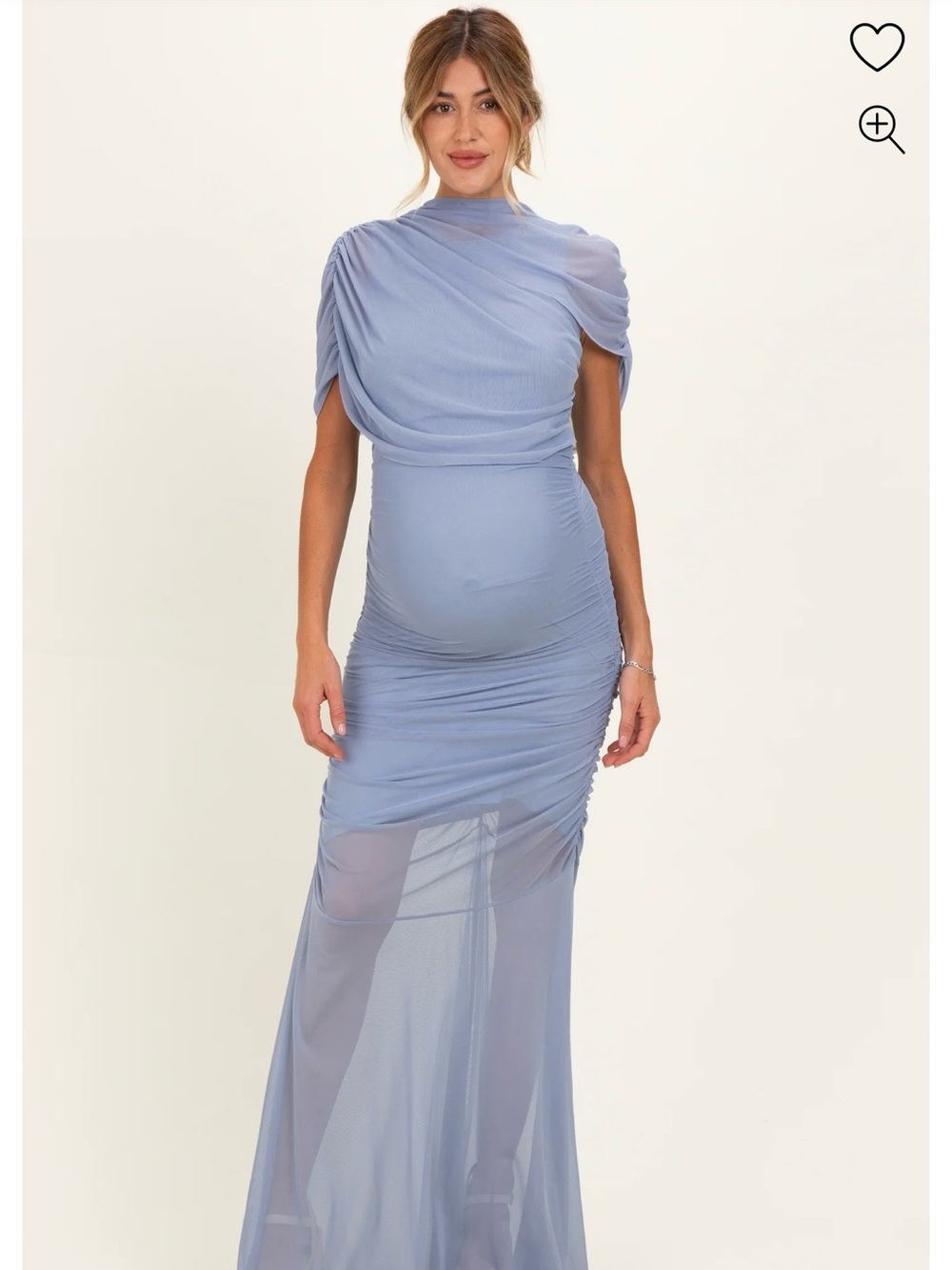 Blue Draped Bodice Ruched Mesh Maternity Maxi Dress